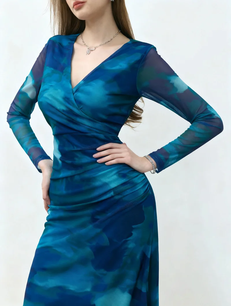 OUTZIDR Blue Full Sleeve V Neck Dress